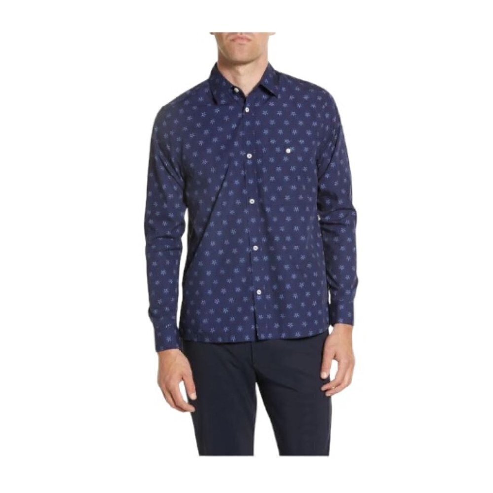 Ted Baker Mens Navy Blue Floral Collared Slim Fit Button Up Shirt Sz 2XL New